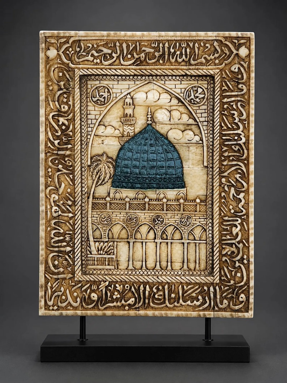 Medina mosque view handmade Mughal natural camel bone panel